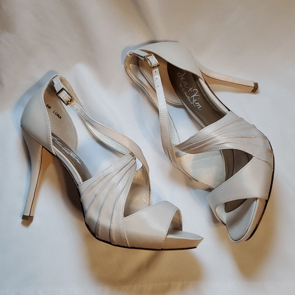 Jen & Kim Ivory Platform Satin Sandal Heels